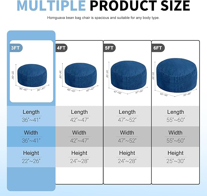 Homguava 3 FT Bean Bag Chair,3' Big Bean Bag,Large Bean Bag Chairs for Adults with Memory Foam Filled,Comfy Beanbag Chairs Soft Bean Bag Sofa with Dutch Corded Plush Cover-Blue