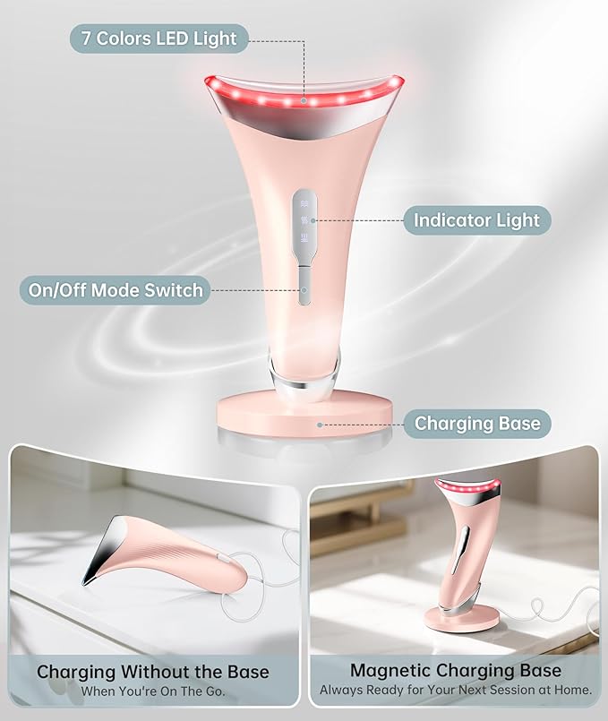 7 Color Light Therapy Facial Massager with Adjustable Vibration and Thermals for Wrinkles, Double Chin, Red Light Skin Care Tool with Base, Pink