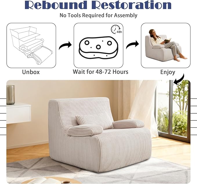 38" Bean Bag Single Chair for Living Room Bedroom, Corduroy Boneless Chair with Armrest and Pillow, Memory Foam Beanbag Couch, Lazy Floor Sofa for Reading Gaming Living Room Bedroom (2, Beige)