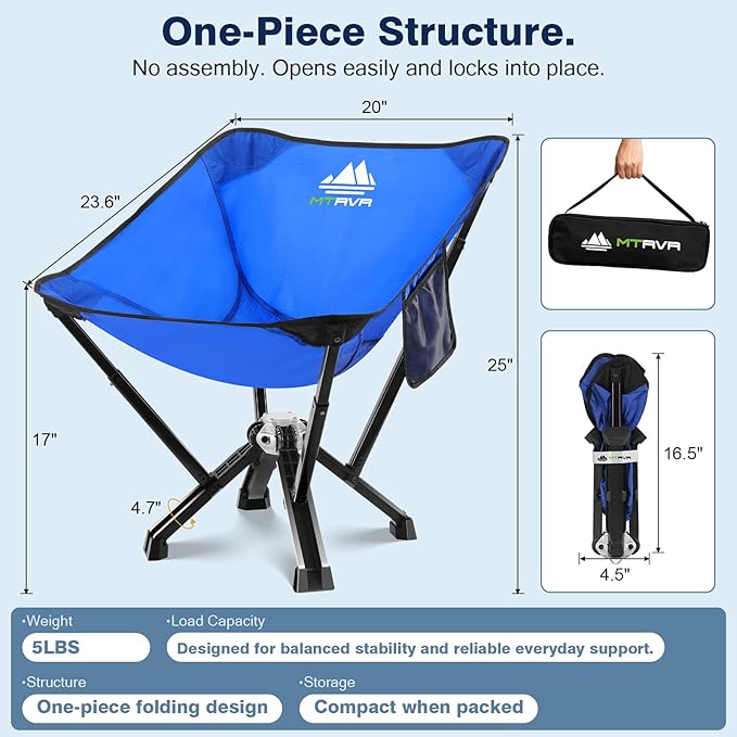 MTRVR Utility-Grade Folding Chair — Stable One-Piece Structure, Authorized Folding Structure Patent, Balanced Aluminum Support, Compact & Portable Chair for Camping, Fishing & Everyday Outdoor Use