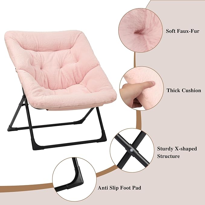 Comfy Saucer Chair for Adults, Soft Faux Fur Bedroom Chair, Accent Dorm Chairs, Flexible Living Room Reading Chairs, Oversized Folding Lounge Seat for Teens, X-Large, Light Pink