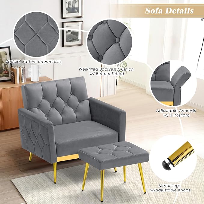 ACMEASE Velvet Accent Chair w/Adjustable Armrests and Backrests, Tufted Single Sofa with Ottoman, Upholstered Reading Chiar for Living Room, Apartment, Bedroom, Grey
