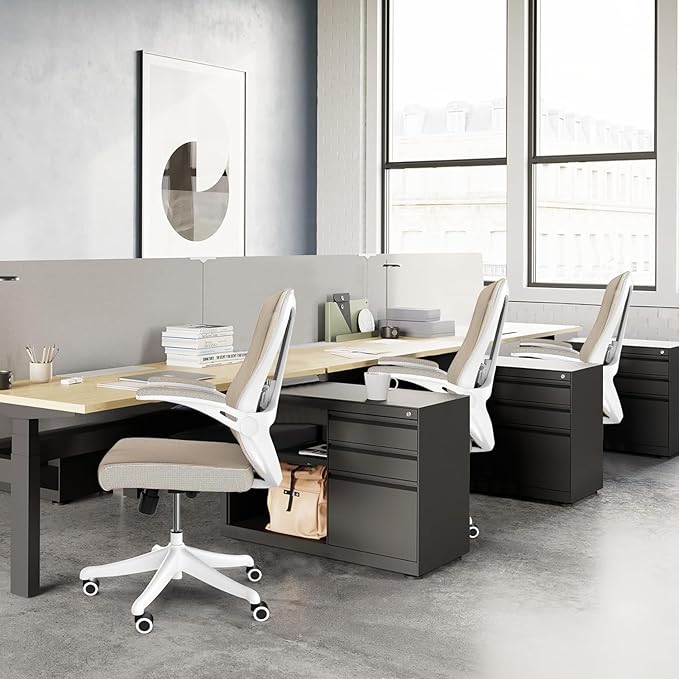 Ergonomic Office Chair with Adjustable Lumbar Support & Flip-Up Armrests - High Back Computer Desk Chair with Thickened Seat Cushion, Rolling Wheels for Home/Office Study Work (08khaki)
