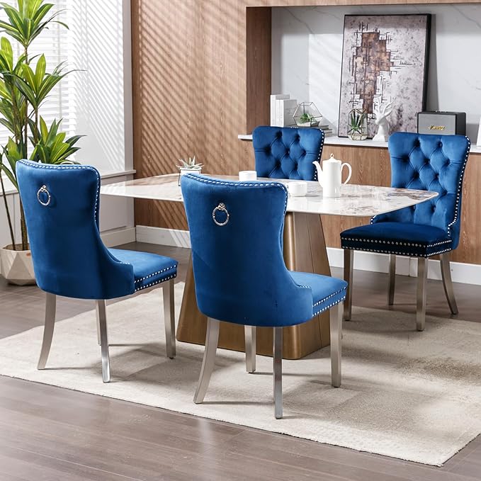 YeahFurn Mid Century Modern Dining Chairs Set of 2, Blue Velvet Upholstered Tufted Back, Kitchen & Dining Room Chairs, Brushed Silver Metal Legs, Nailhead Trim, Sillas para Comedor (Blue, 2 Pcs)