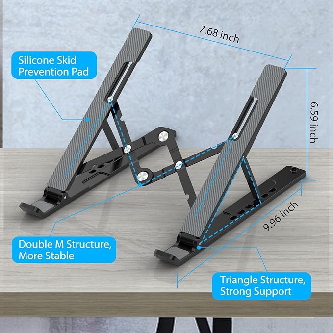 Gogoonike Adjustable Laptop Stand, Portable Laptop Riser for Desk, ABS+Silicone Foldable Ventilated Cooling Notebook Holder Stand for 10-15.6” Laptops, Tablets
