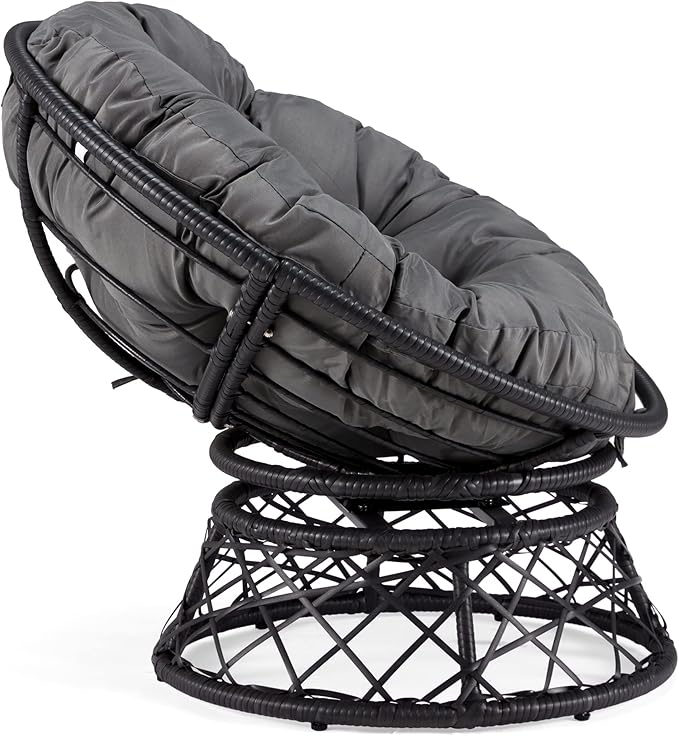 Kromax 40" Ergonomic Wicker Papasan Chair, 360° Swivel Round Egg Chair with Soft Thick Cushion, Indoor Outdoor Use for Living Room, Bedroom, Reading Room, Black Frame with Dark Grey Cushion