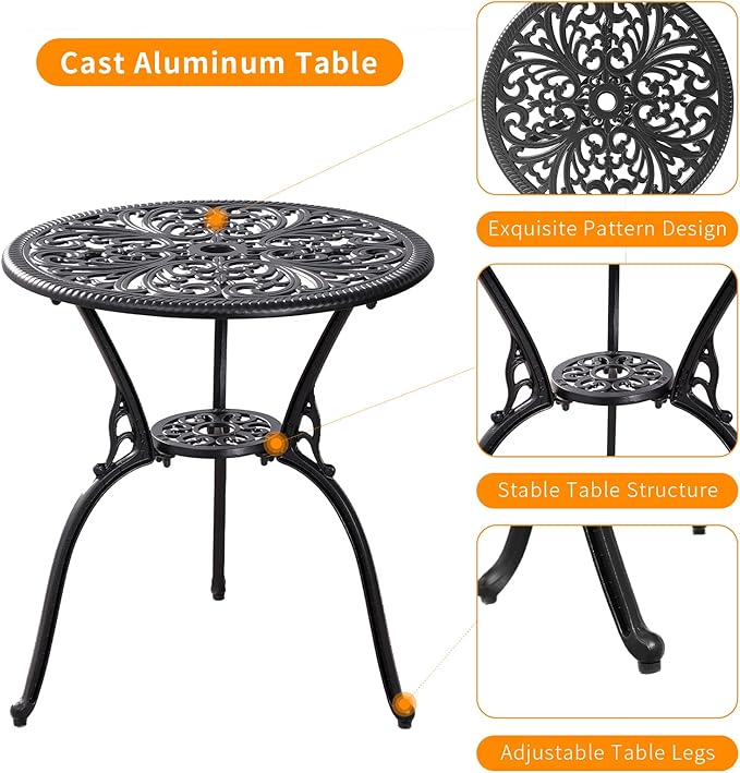 Withniture 3 Pieces Bistro Sets Cast Aluminum Outdoor Bistro Set, Patio Bistro Sets with Umbrella Hole, Weather Resistant Bistro Table and Chairs Set of 2 for Porch (Black, Butterfly)