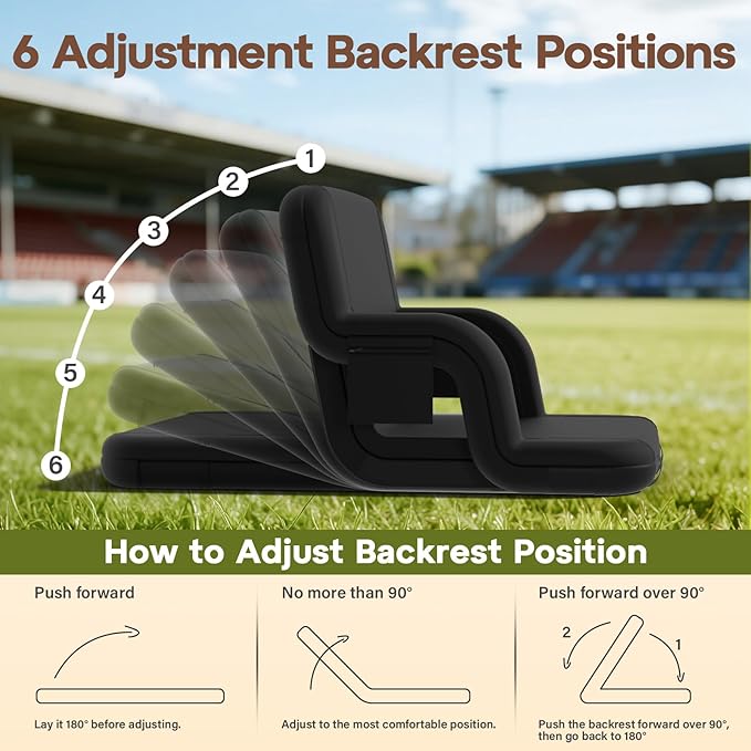 DEKEMASTER Stadium Seats with Back Support - Portable Bleacher Chairs with Back and Cushion, 6 Adjustable Positions Pdded Bleacher Seat for Sport Events Camping Fishing