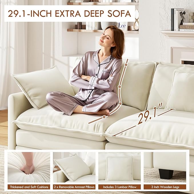 WorthFurni 111.4” Modular Sectional Sofa, U Shape Cloud Couch with 2 Movable Ottoman, Comfy Chenille Deep Seat Sofa with Soft Pillows for Apartment Living Room Bedroom（Beige）