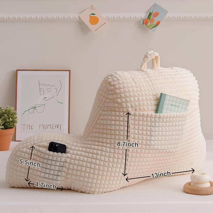 A Nice Night Reading Pillow Bed Wedge Large Adult Children Backrest with Arms Back Support for Sitting Up in Bed/Couch for Lounging Bedrest,Waffle Stereoscopic Design,Ivory