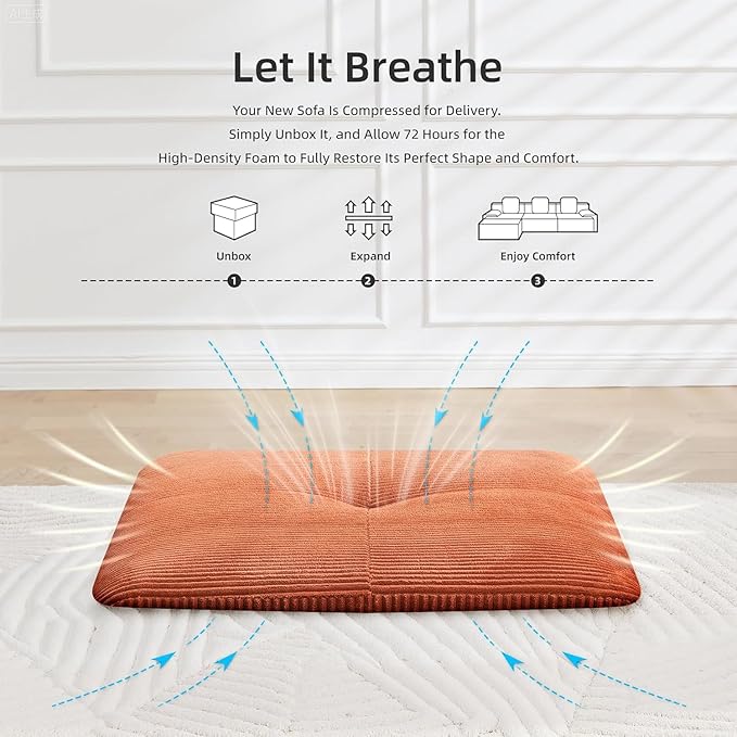 118" Modular Sectional Sofa, Cloud Sectional Couch with Chaise, Modern Boneless L-Shaped Sofas with Deep Seat, Upholstered Comfy Couches for Living Room, No Assembly Required, Plush Corduroy,Orange