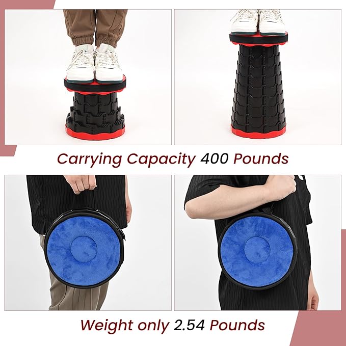 FXKS 2 Pack Portable Telescoping Stools Collapsible Stool with Cushion,Retractable Foldingstool Max Load Capacity 400lbs, Portable Collapsible Stools for Camping Hiking Outdoor BBQ Black-Red