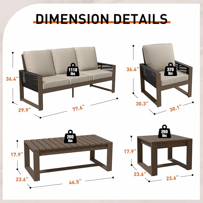 INTER HUT Rustic Hideaway Natural Cedar Wood Outdoor Furniture Set, Wicker Patio Conversation Set for Porch Garden Backyard, Couch, Patio Chairs, Tables, 5 Piece, Brownish/Beige