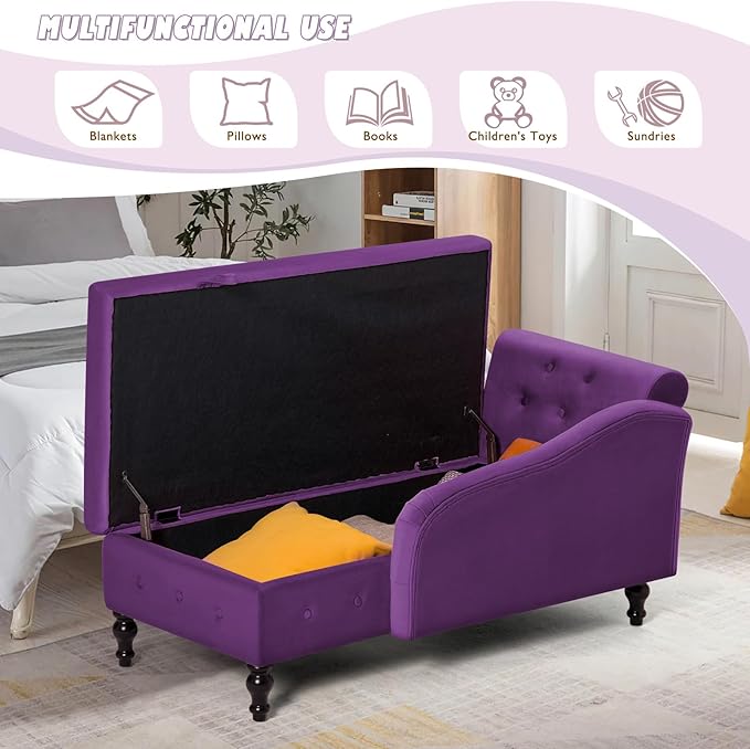 ACMEASE Velvet Chaise Lounge with Left Armrest & Storage Space,Button Tufted Lounge Chair w/Lumbar Pillow,Modern Upholstered Lounge Chair for Bedroom, Living Room and Office,Purpel