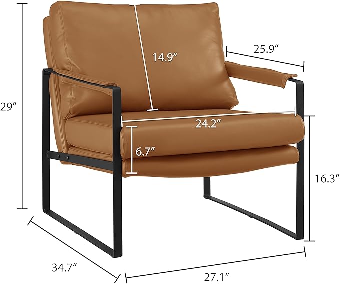 Volans Mid Century Modern Genuine Leather Accent Chair with Arms for Living Room, Metal Frame Armchair Reading Chair, Lounge Chair Single Sofa for Bedroom Office, Brown