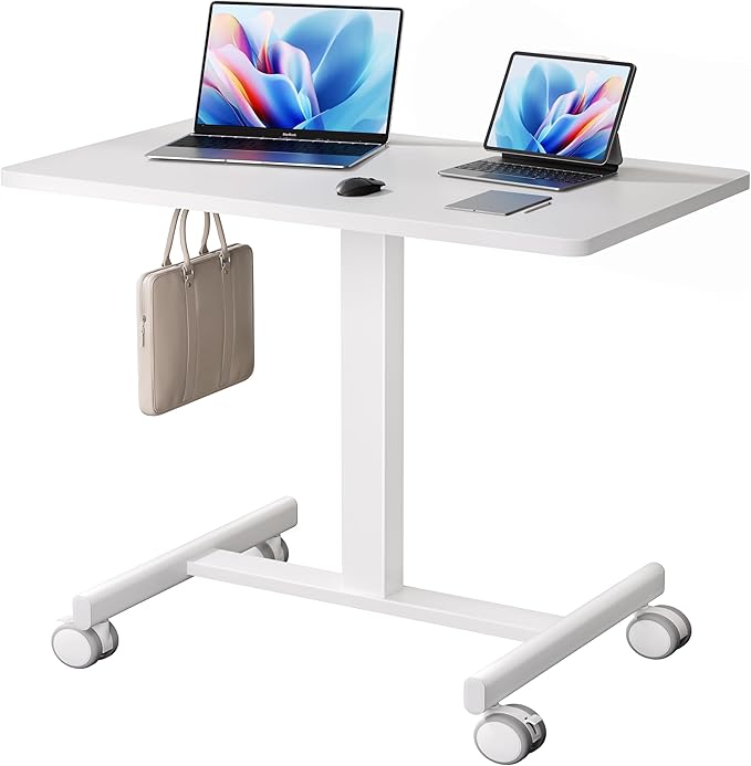 NICECOZY Mobile Standing Desk, Small Standing Rolling Desk, Portable Laptop Desk with Lockable Wheels, Computer Workstations, Adjustable Height, White