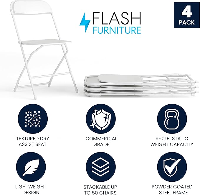 Flash Furniture Hercules Series Plastic Folding Chair - White - 4 Pack 650LB Weight Capacity Comfortable Event Chair-Lightweight Folding Chair