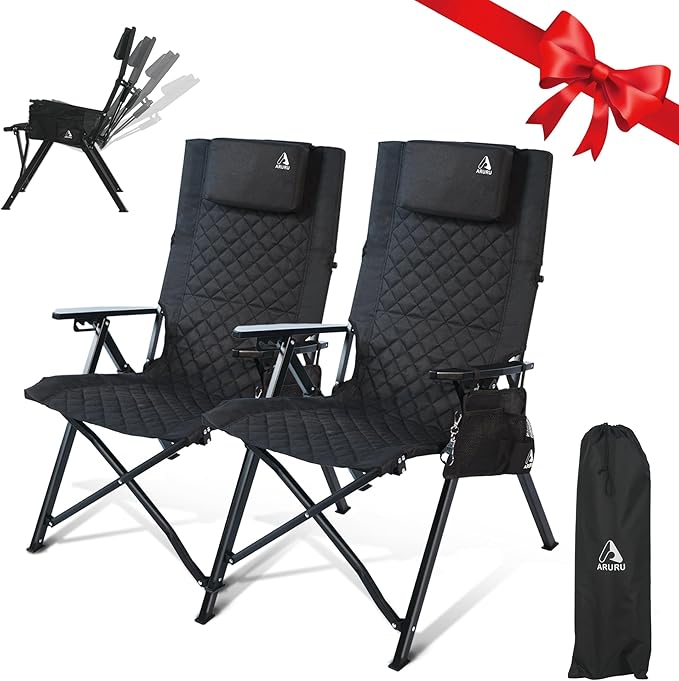 Reclining Camping Chair, Heavy Duty Folding Chairs with 4-Stage Adjustable High Back for Adults, Compact Foldable Outdoor Patio Reclining Chair with Storage Bag (Black, 2 Pack)