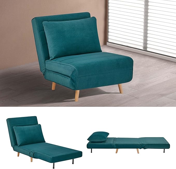 CITTANEO 31" Convertible Sleeper Chair, 3-in-1 Foldable Chair Bed with Pillow, 3-Position Adjustable Backrest, Single Sofa Bed for Apartment, Office, Peacock Blue