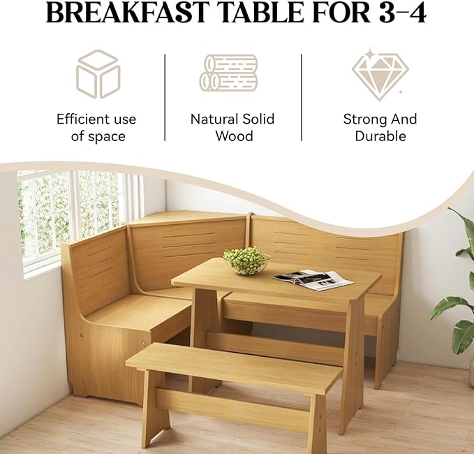 Breakfast Nook Corner Dining Table Kitchen Bench Chair Set, Space-Saving 3-5 People Seat Reversible L-Shape for Family Home Natural Wood
