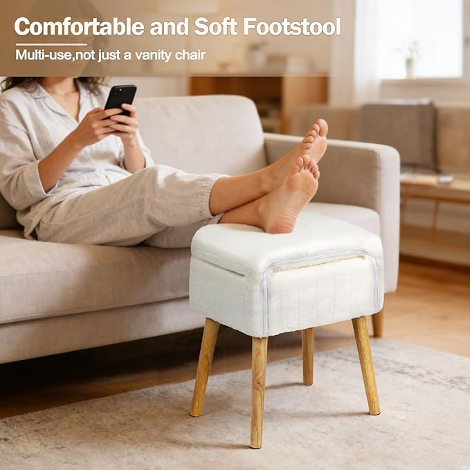 Shinoske Vanity Stool with Storage,White Faux Rabbit Fur Small Makeup Chair for Vanity,Storage Ottoman with Folding Back,Modern Footstool with 4 Solid Wood Legs for Bedroom,Living Room,Home Office