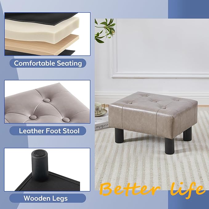 FIMIVIBI Small Foot Stool Ottoman, Faux Leather Footstool Ottoman Foot Rest for Couch, Rectangle Footstools and Ottomans Small for Living Room, Entryway and Bedroom (Gray)