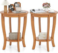 GOFLAME 2-Tier Round End Table Set of 2, 18” Sofa Side Table with Storage Shelf, Floor Tea Tables with Solid Wood Legs, Compact Nightstand for Small Space, Living Room, Bedroom, Light Brown