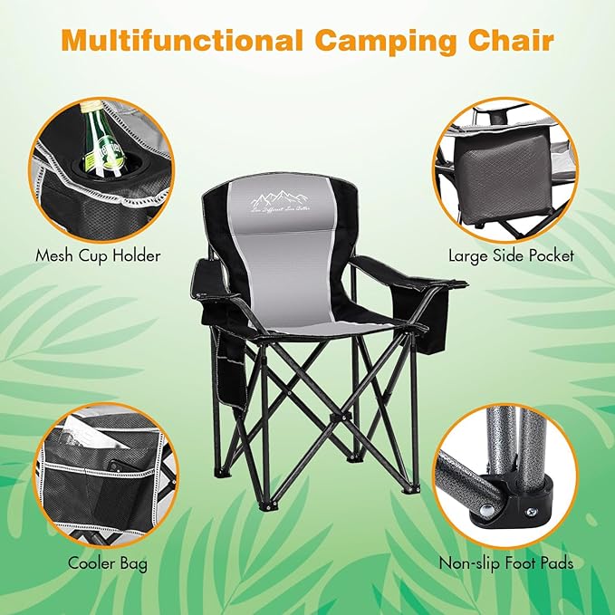 SAILARY Folding Camping Chair Portable Outdoor Heavy Duty Padded Chairs Lawn Chair with Cup Holder, Storage Pocket and Cooler Bag, Supports 450LBS Black