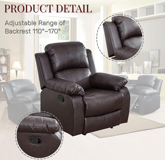 Caberryne Leather Recliner Chair for Living Room Furniture Set,Black Leather Reclining Couch for Small Space/Rv, Wall Hugger Single Recliner/Home Theater Chairs for House/Office(Chair)