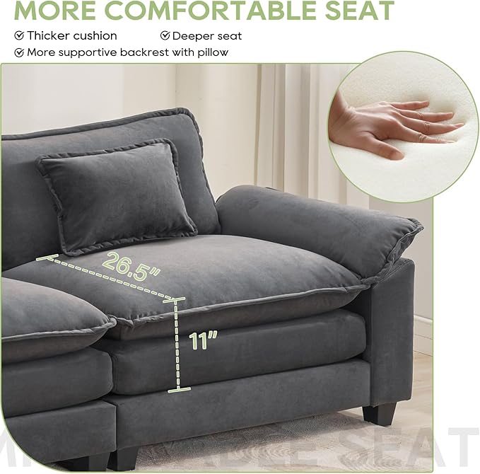 Oprisen 86" Modular Sectional Sofa, Comfy Cloud Couch Sectional Sofa with Ottoman, Velvet Sofa Sleeper Deep Seat Sofa with Throw Pillows for Living Room (Blue Gray, 86"- Loveseat)