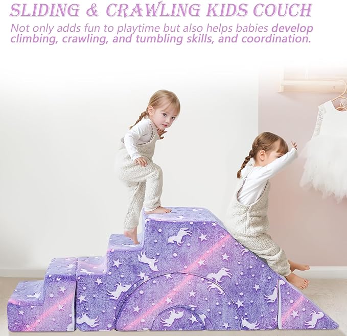 MeMoreCool Foam Climbing Toddler Couch, Modular Kids Sofa with Slide & Stair, Convertible Baby Couch for Playroom, Sectional Furniture for Crawling, Climbing, and Kids’ Play