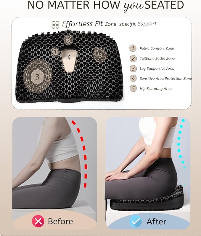 Anzeng Gel Seat Cushion for Long Sitting, Gel Cushion for Pressure Relief, Soft & Breathable, Chair Cushion for Office Chair, Car, Wheelchair, Seat Cushion with Non-Slip Black Cover