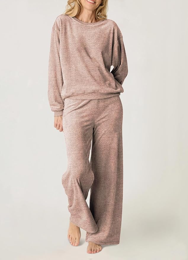 Aamikast Women's 2-Piece Lounge Set Soft Brushed Jersey Sleepwear Pajamas Set Long Sleeve Top & Wide Leg Pants