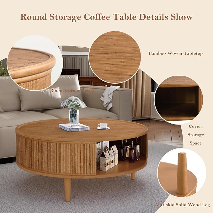 Round Coffee Table - Bamboo Woven Tabletop & Anti-Skid Solid Wood Legs 30.5" Rustic Center Tables with with Ample Storage Space for Living Room Apartment (Round 30.5in)