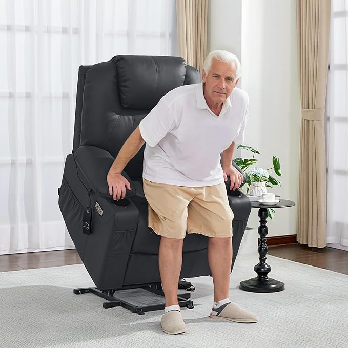 MCombo Power Lift Recliner Chair for Elderly, Lift Chair with Heat and Massage, FSC Certified, USB Ports, Cup Holders, Faux Leather 7040 (Black, Medium)