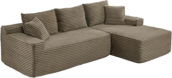 HYJT-H&K Modular Sectional Sofa Cloud Sectional Couch, 95" Comfy Fluffy L Shaped Brown Couches for Living Room, Deep Seat Memory Foam Plush Corduroy Boneless Couch Sectionals Right Facing Chaise Sofa