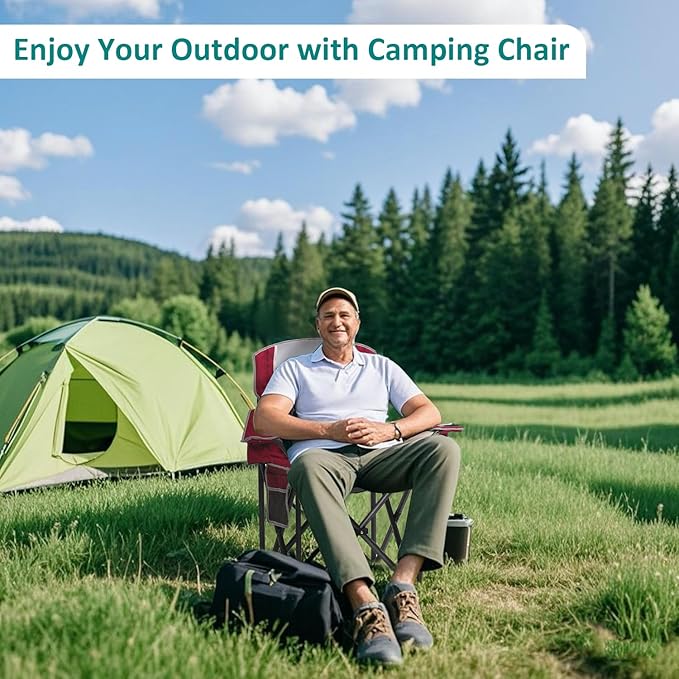SAILARY Camping Chair Heavy Duty High Back Folding Chair with Cup Holder, 450lbs Capacity, Padded Seat, Cooler Bag & Storage Pocket, Portable for Outdoor, Beach, Fishing, Sports, 2 Pack Red