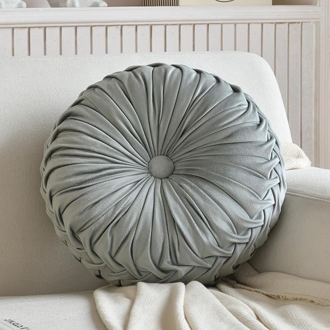 Teieas Round Throw Pillow Velvet Home Decoration Pleated Round Pillow Cushion for Couch Chair Bed Car Grey