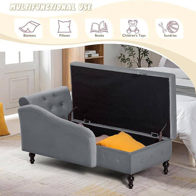 ACMEASE Upholstered Chaise Lounge with Right Armrest & Lumbar Pillow,Button Tufted Lounge Sofa with Storage,Lounge Chair Indoor,Modern Velvet Lounge Chair for Bedroom, Living Room and Office,Grey