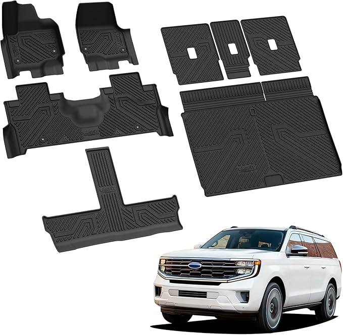 LASFIT Floor Mats&Cargo with Backrest Mat for 8 Seats Ford 2025 2026 Expedition MAX&Lincoln Navigator L (Not Fit Standard),Costom Fit All Weather Protection TPE Easy Clean Floor Liners,Full Set,Black