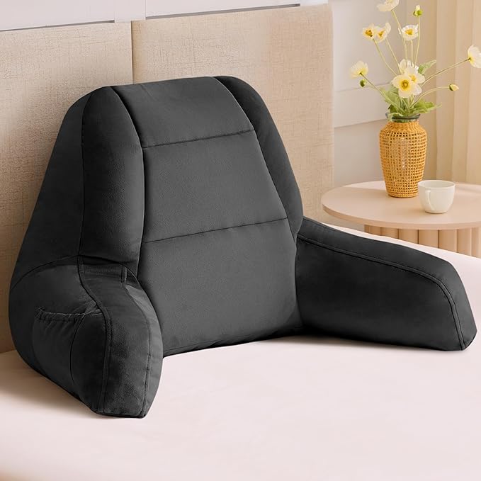 IASEAHK Reading Pillows for Sitting in Bed Adult, Back Pillow for Bed Sitting Up, Backrest Pillows with Shredded Foam for Adult&Teens, Support Pillow with Arms for Beds, Couch, Floor, 24in, Black
