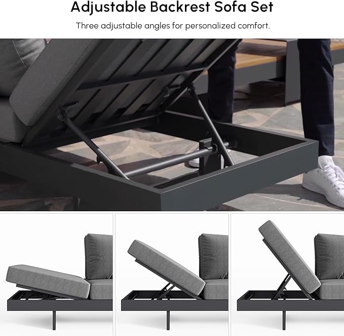 homary Outdoor Conversation Sets, 6 Piece Aluminum & Teak Patio Sectional Sofa Set with Adjustable Backrests, Waterproof Cushions, Ideal for Patios & Balconies | Waterproof Cushions, Adjustable Backrests, Fade Resistant, Modular design, Outdoor Materials