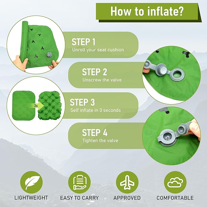 BreezCamp Inflatable Seat Cushion, Lightweight Stadium Seat Pad, Camping Accessories Chair Pad for Airplane Travel, Hiking, Climbing, Home and Office,Green
