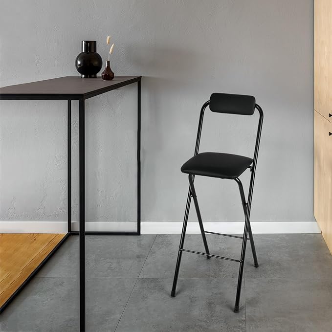 Thyle 1 Pcs Folding Bar Stool with Backrest, Tall Foldable Stool Chair Portable High Folding Bar Chair Counter Height Seat Leather Padded for Kitchen Island Shop Cafe Dining Room Black (29.5 Inch)