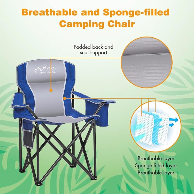 SAILARY Folding Camping Chair Portable Outdoor Heavy Duty Padded Chairs Lawn Chair with Cup Holder, Storage Pocket and Cooler Bag, Supports 450LBS Blue