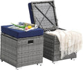 Patiorama 2 Piece Outdoor Patio Ottomans,All-Weather Grey PE Rattan Wicker Ottoman with Storage,Outdoor Footrest Footstool Seat w/Thick Cushion,Built-in Handle for Backyard Poolside Porch (Navy Blue)