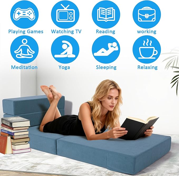 Folding Sofa Bed with Backrest 4 in 1 Convertible Sleeper Chair Memory Foam Fold Out Chair Bed Foldable Mattress Portable Floor Futon Sofa Couch for Living Room/Dorm/Guest Room/Home Office