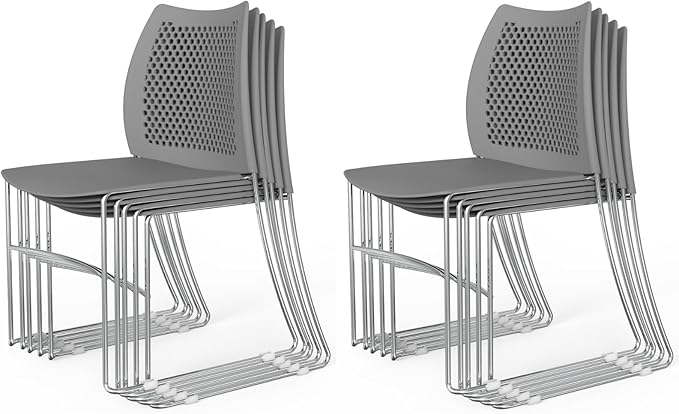 VINGLI Stacking Chairs Set of 10 Pack Stackable Office Chairs with Metal Sled Base, Ergonomic Plastic Seat & Holes Back, Stacking Chairs for Waiting Room Break Room Banquet Guest, Grey