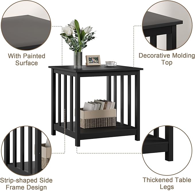 Treocho End Table, 24 Inch Square Side Table Living Room with 2-Tier Storage Shelf, Modern Nightstand for Living Room, Bedroom, Office, Black