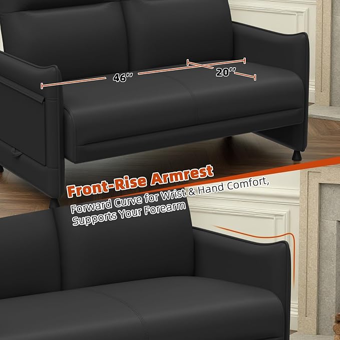 Faux Leather Loveseat, Upholstered Loveseat with Hidden Foldable Tray & Side Pocket, Front Contour Arm Design, Modern 2-Seater Sofa Couch for Compact Spaces, Black